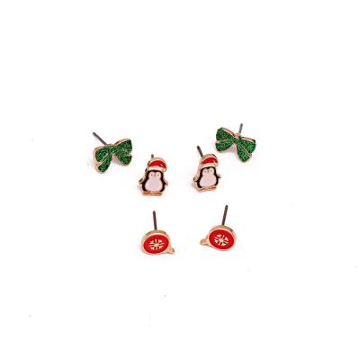 China FASHIONABLE Glitter Green Bowknot Enamel Christmas Penguin Bell Stud Earrings Girls Gift Red White Red White Earring 3 pairs for one set for sale