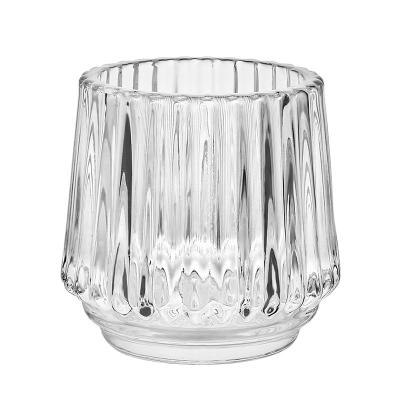 China 67x55mm Plain Striped Transparent Clear Candlestick Glass Cup Candle Jar Eco-Friendly for sale