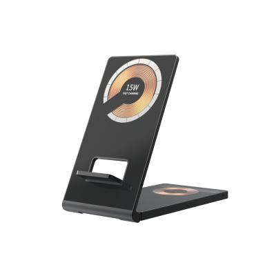 China Magnetic Foldable Wireless Charger Stand 4In1 15w With Tempered Glass Face for sale