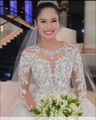 China Tailor Made High Quality Anti-Static Women Tulle Beading Sequined Long Sleeve Lace Ball Gowns Bridal Wedding Dresses for sale