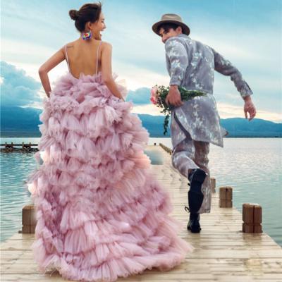 China Anti-Static Sexy Pink Tiered Wedding Dresses Women Perspective Tank Tulle Wedding Dresses Evening Gowns for sale