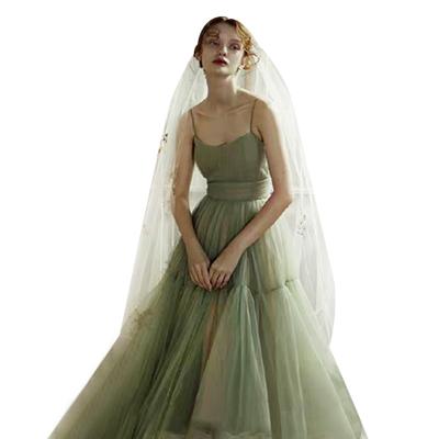 China Breathable Wedding Photo Shoot Dress Photography Green Bride Simple Mesh Dress Long Skirt for sale