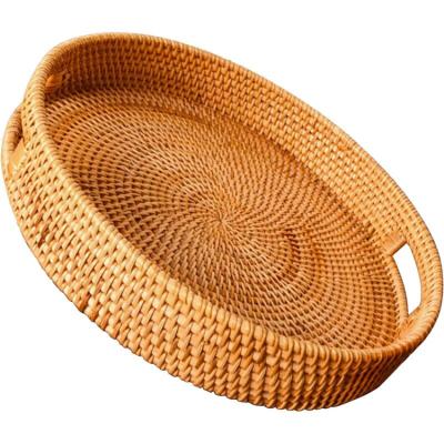 China Wholesale CLASSIC Woven Storage Tray Decor Set Durable Round Fruit Serving Natural Rattan Tray With Handle for sale