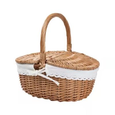 China Nature Color Folding Handwoven Picnic Wicker Basket with Fabric Lining Storage Basket with Lid and Handle Set of 3 for sale