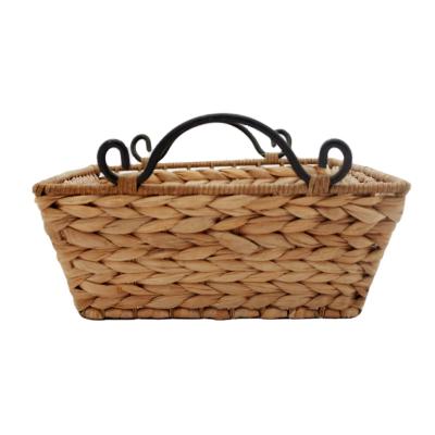 China Eco Friendly Small Folding Woven Water Hyacinth Straw Storage Basket With Metal Handle Baskets for sale