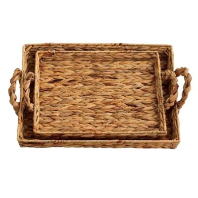 China Eco Friendly Handmade Woven Rectangular Folding Water Hyacinth Storage Basket Tray for sale