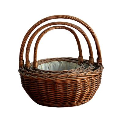 China Eco-Friendly Handmade Woven Wicker Round Willow Planter Flower Potted Plant Basket with Waterproof Set of 3 for sale