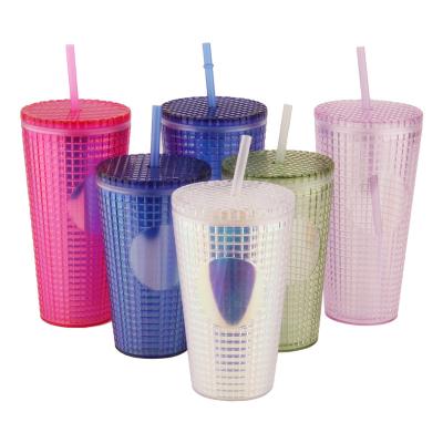 China Viable Plastic Wall Studded Tumbler With Straw Diamond Coffee Mug Reusable Food Grade Double Sided for sale