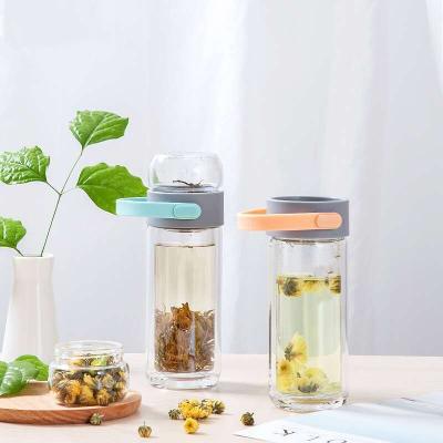 China Sustainable Double Wall High Borosilicate Glass Water Bottle With Silicone Handle With Tea Infuser Glass Bottle for sale