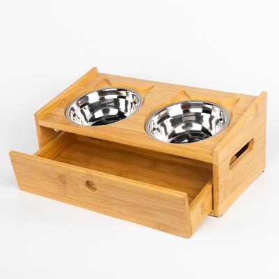 China Double Shape Sustainable Bamboo Pet Feeding Dog Wheels Water Bottle Food Bowl Stand Holder for sale