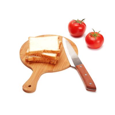 China Custom Viable Logo Bamboo Double Side Chopper Beef Pizza Dinner Circle Cheese Board Use Log Tray With Handle for sale