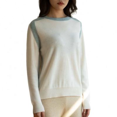 China OEM 100%pure contrast color cashmere breathable professional cashmere round neck casual sweater for women with low price for sale