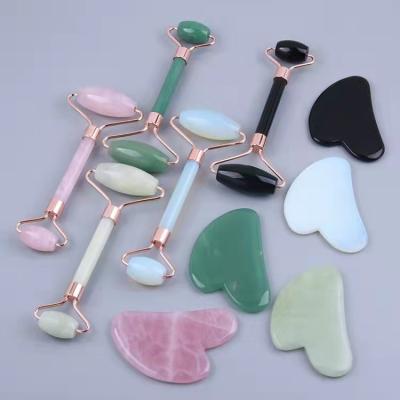 China Natural China Crystal Face Massager Guasha Roller Rose Quartz Obsiadian Aventurine Set For Skin Care for sale