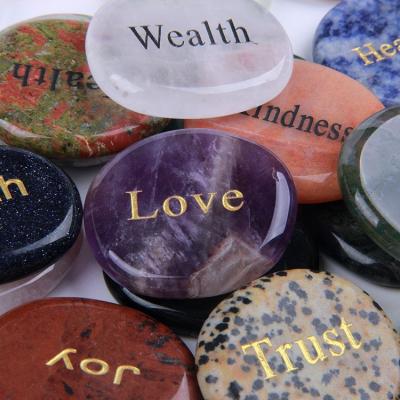 China Natural Colorful China Gemstone Slice Chakra Reiki Healing Crystal Engraved Letters Set for sale