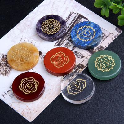 China Natural China Gemstone 7 Chakra Reiki Stones with Engraved Chakra Symbols for Home Decoration for sale