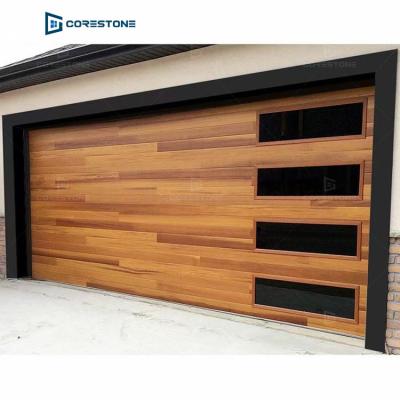 China Waterproof Custom Flush Panel Steel with Natural Woodgrain Texture Garage Door and Windows Planks Vertical Contemporary Garage Doors for sale