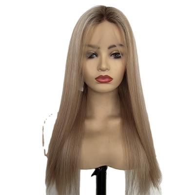 China New Arrival SILK STRAIGHT Root Black 8# Color With 60 Base 18 Highlights Full Lace Wig Silk Top Wig For White Women European Remy Hair for sale