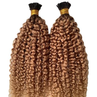 China Factory Wholesale Raw Indian Kinky Curl I Tip Keratin Ombre4/27 Bond Micro Bundles Curly 4C Deep Curly Remy Human Hair Extensions Kinky for sale