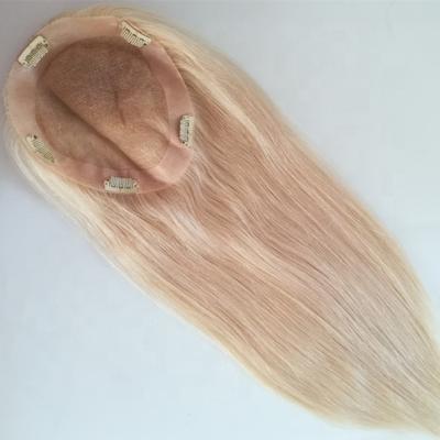 China Silky Straight Wave Ready To Ship Dual Density Thick End 8*6 European Remy Human Hair PU Pulled 150% Round Toppers For Women Hair Blonde 60 for sale