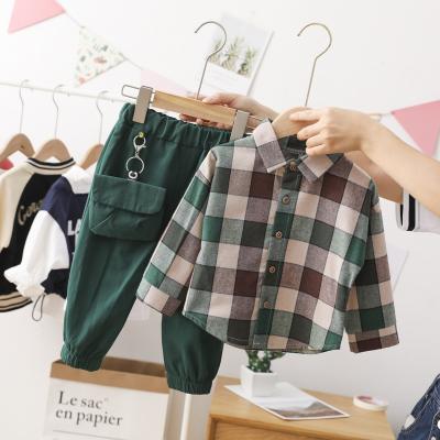 China Hot Selling Polyester/Cotton New Kids Spring Outfit Set Toddler Boy Style Plaid Shirt And Casual Pants With Purse Clothing Set for sale