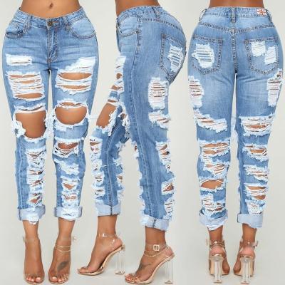 China New Breathable Hot Sale High Quality Casual Ripped Denim Ladies Pants Womens Jeans for sale