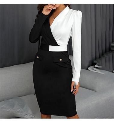 China Hot sale new arrival ladies contrast color classic slim women luxry high quality warm breathable long dress casual sleeve dress for sale