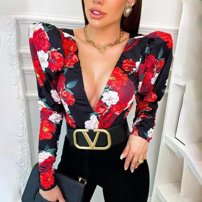 China New hot sale high quality luxury ladies anti-shrink spring puff sleeve v-neck sexy floral blouse tops for sale