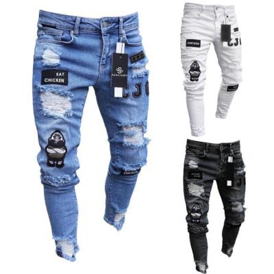 China Hot Wholesale Breathable Style Men's Distressed Italy Destroyed Badge Pants Art Patches Skinny White Slim Trousers Men Jeans Pants for sale