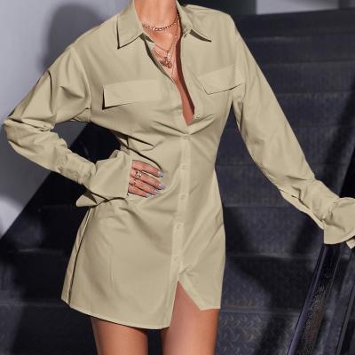 China Anti-Static Sexy Flare Sleeve Shirt Skirt Solid Color Button Shirt Dress With Spring Casual Shirt for sale