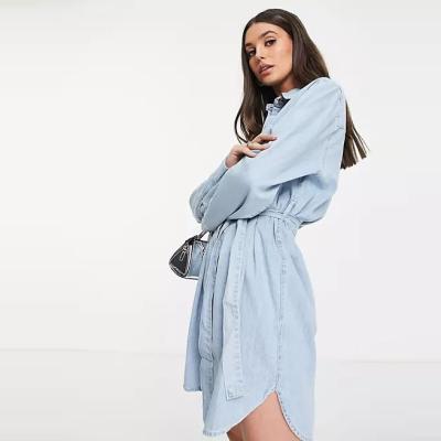 China Sale Retro Breathable Hot Spring Workwear Long Sleeve High Waist Suit And New Casual Dress Shirt Women Denim Lace Autumn Fashion Lapels for sale