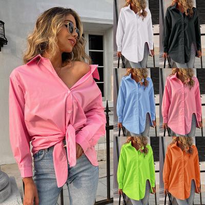 China 2022 European fashion women's long-sleeved casual loose solid color v-neck top shirt and beautiful breathable summer design for sale