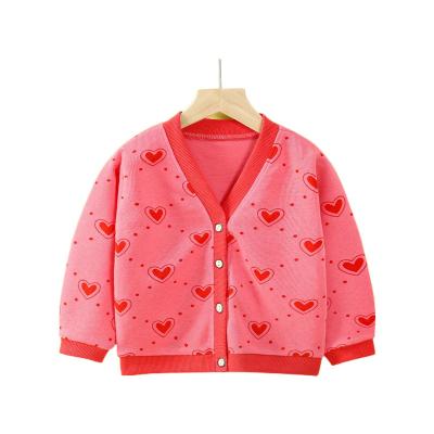 China Washable Children's Sweaters Girls 2022 Valentines V neck Pink Kids Heart Cardigan for sale