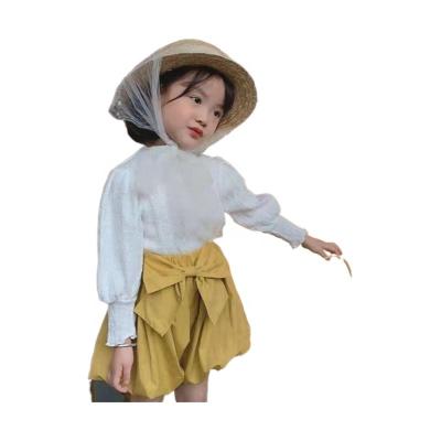 China Washable Girls lace puff sleeve base shirts kids trendy long sleeve top clothing baby girls sweet tulle shirts for sale