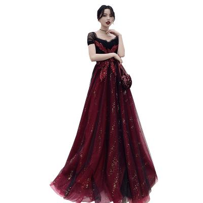 China Fashion Evening Dress Banquet Finished Wine Red Off-the-Shoulder Dress Breathable Temperament for sale