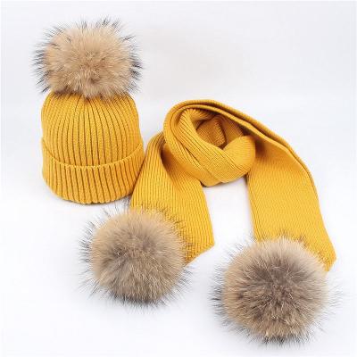 China New 2019 COMMON real autumn and winter raccoon fur ball wool hat scarf set parent-child outdoor hat set for sale