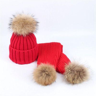 China Wholesale COMMON Faux Fur Raccoon Fur Pom Pom Hat Scarf Set Winter Baby Beanie Hat And Scarf Sets for sale