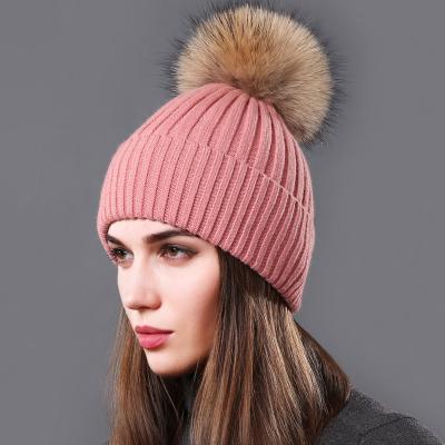 China JOINT Women's Winter Real Fur Pom Poms Knitted Beanie Hats for sale