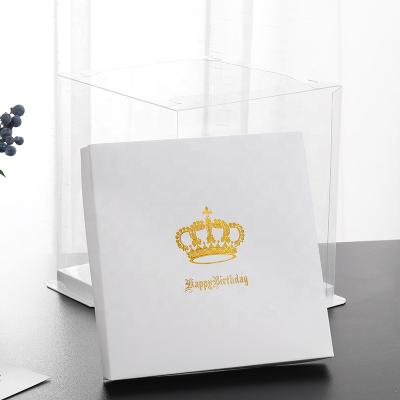 China Recyclable High Quality Custom Cake Packaging Printed Transparent Gold Crown Square Cake Boxes for sale