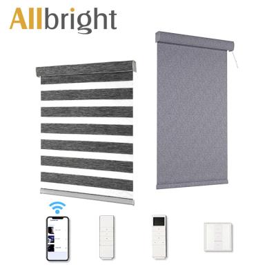 China Minimalist Amazon Hot Selling Wire Dye Light Remote Control Electric Motorized Single Balcony Filtering Two Layers Zebra Roller Shade for sale