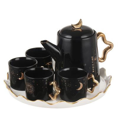 China Viable European style phnom rim cartoon decoration coffee cup ceramic gold plated teapot and black water set coffee cup set for sale