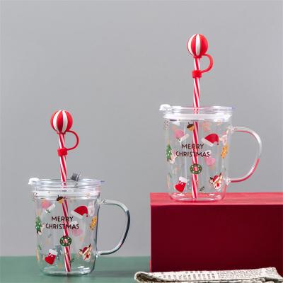 China Hot Selling Simple Christmas Viable Clear Glass Cup Glass Coffee Mugs With Straw for sale