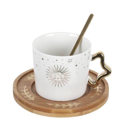 China Viable Factory Custom Fancy Ceramic Coffee Mug Tea Milk Mug And Cups With Wooden Tray for sale