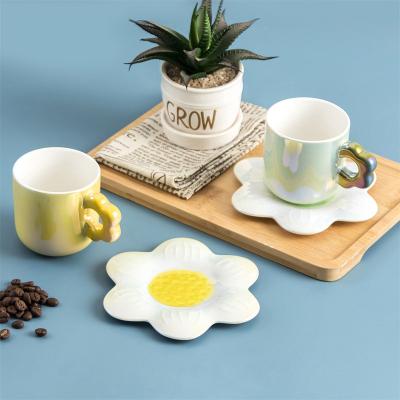 China Beautiful Sustainable High Quality Luxurious Coffee Mug Set Ceramic Cup With Flower Saucer for sale