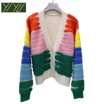 China New Autumn QUICK DRY winter contrast color striped long sleeve shorts knit women cardigan sweater jacket for sale