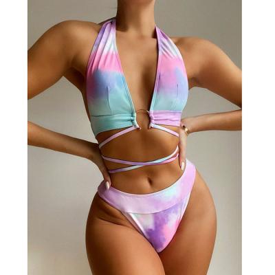 China Breathable Bikini Tie Dye Swimsuit Cut Out Halter Lace Up Chicas En Bikini for sale