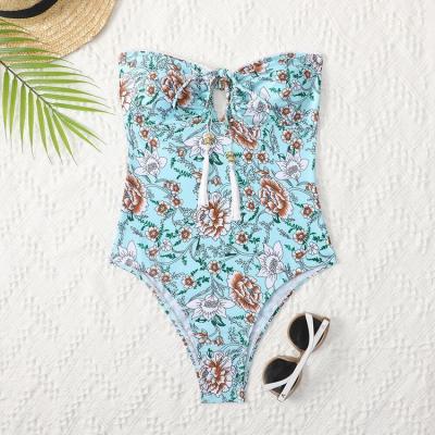 China 2022 Breathable Tassel Bandeau Bandeau Bikini Tie Front Floral Print One Piece Swimsuit for sale