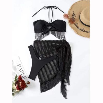 China Breathable 2022 New Fringed Tube Top Mesh 3 Piece Swimsuit Bikini Black Tassel Swimwear for sale