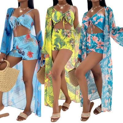 China 2022 Strappy Halter Floral Swimsuit Breathable Cover Up Maxi Dress High Waist Shorts Three Piece Swimsuit For Women Female Mujer for sale