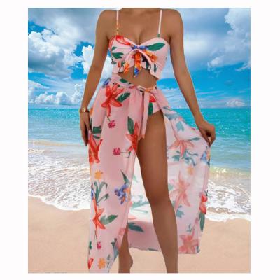 China 2022 Women Bikini Factory Floral Print Breathable Tropical Bikinis With Cover Up 3 Piece Swimsuit for sale