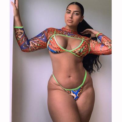 China Breathable African Print Swimwear Plus Size 3 Piece Sexy Leopard Print Long Sleeve Bikini Swimsuit for sale